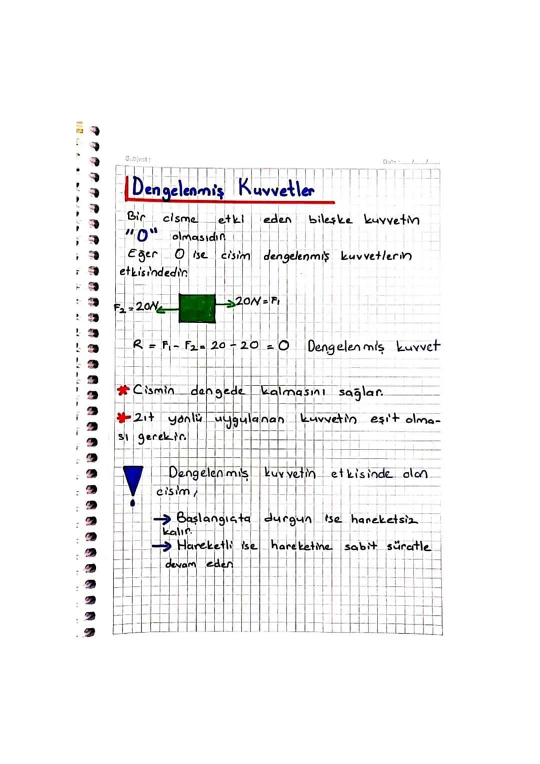 Subject:
Dengelenmis Kuvvetler
Date/
Bir
cisme
etki
eden
bileşke kuvvetin
"0" olmasıdın
Eğer ise cisim dengelenmiş kuvvetlerin
etkisindedir.