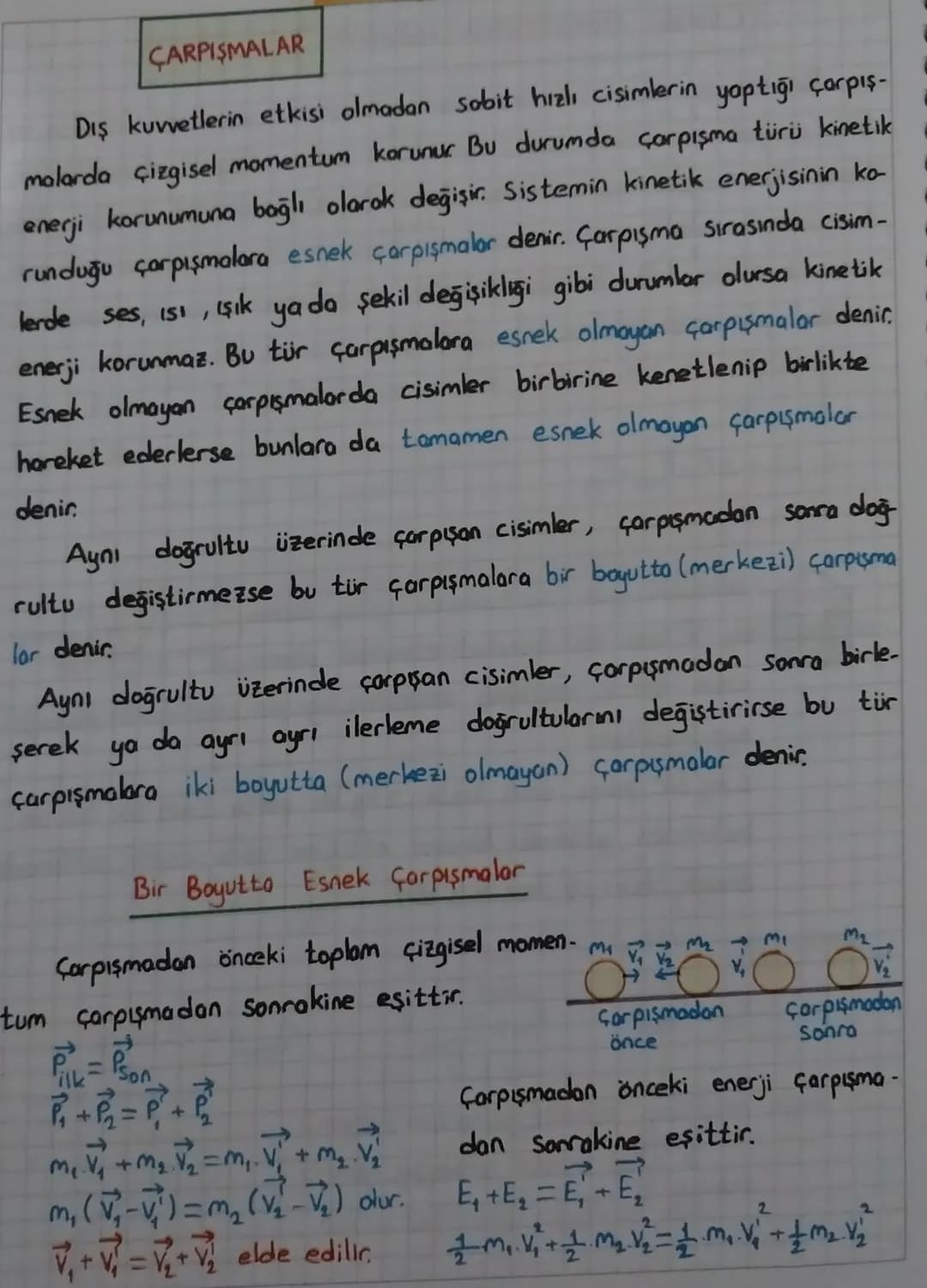 ÇARPIŞMALAR
Dış kuvvetlerin etkisi olmadan sobit hızlı cisimlerin yaptığı çarpış-
malarda çizgisel momentum korunur Bu durumda çarpışma türü