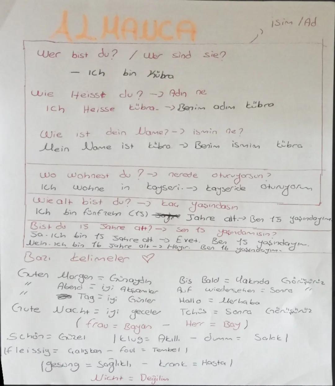 ALMANCA
Wer bist du? / Wer sind sie?
isim /Ad
Ich
bin Kübra
Wie
Heisst du?
-> Adın ne
Ich
Heisse
Wie
ist
kübra. Benim adım kübro
dein Name? 