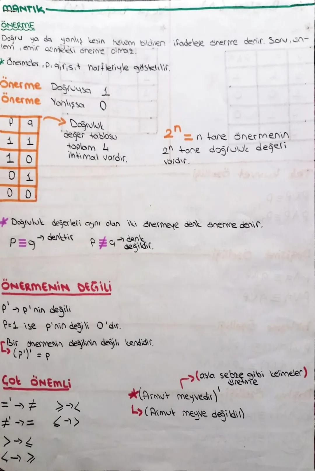 MANTIK

ÖNERME
Doğru ya da yanlış kesin hullem bildilen ifadelere onerime denir. Soru, un-
lem, emir anteleri dherme olmaz.

Önermeler, p,q,