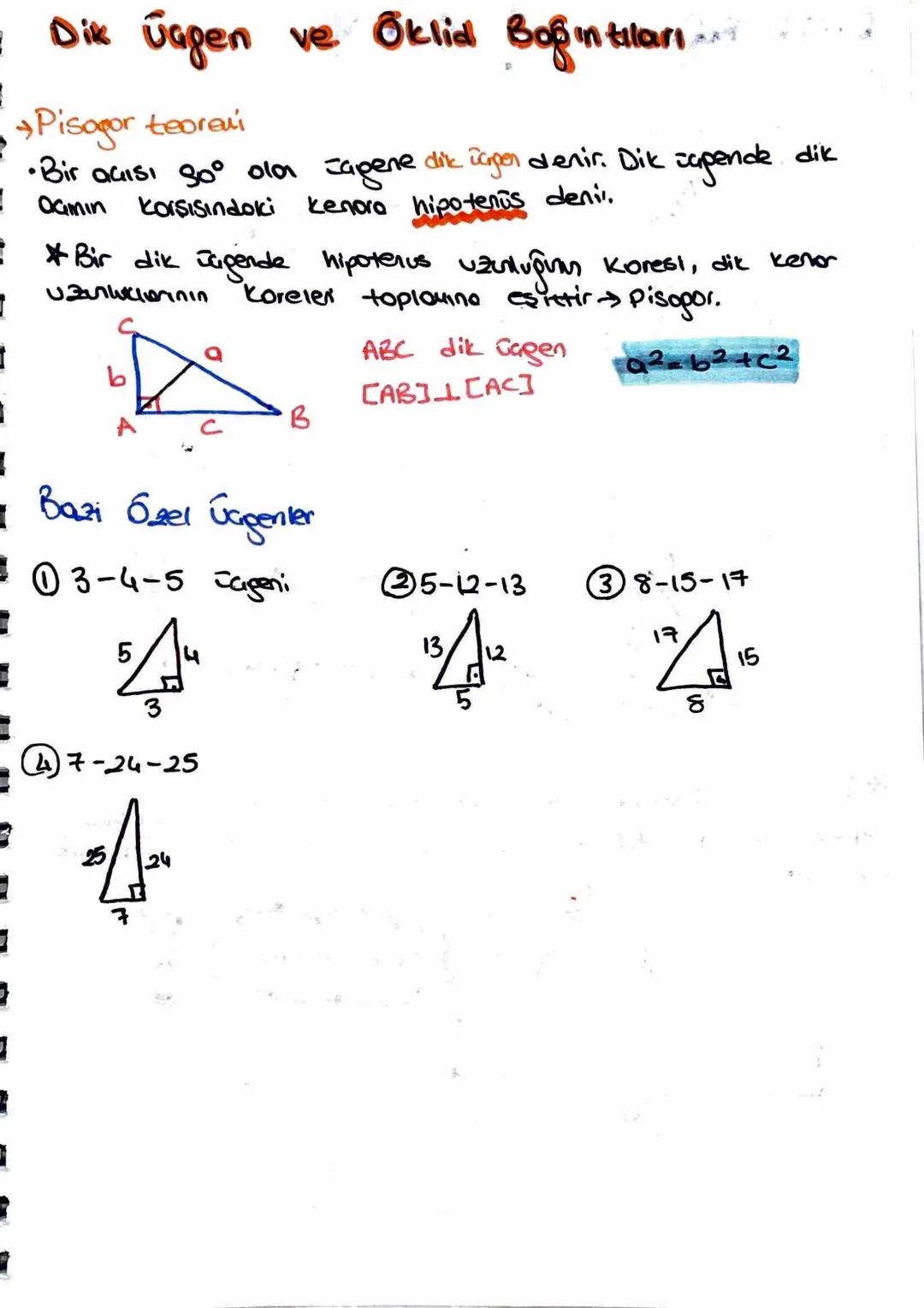 # Dik üagen ve Öklid Boğıntıları

→Pisagor teoreui
D
•Bir açısı 30° ola capene dik ürgen denir. Dik capende dik
- Oamın karşısındaki kenoro 