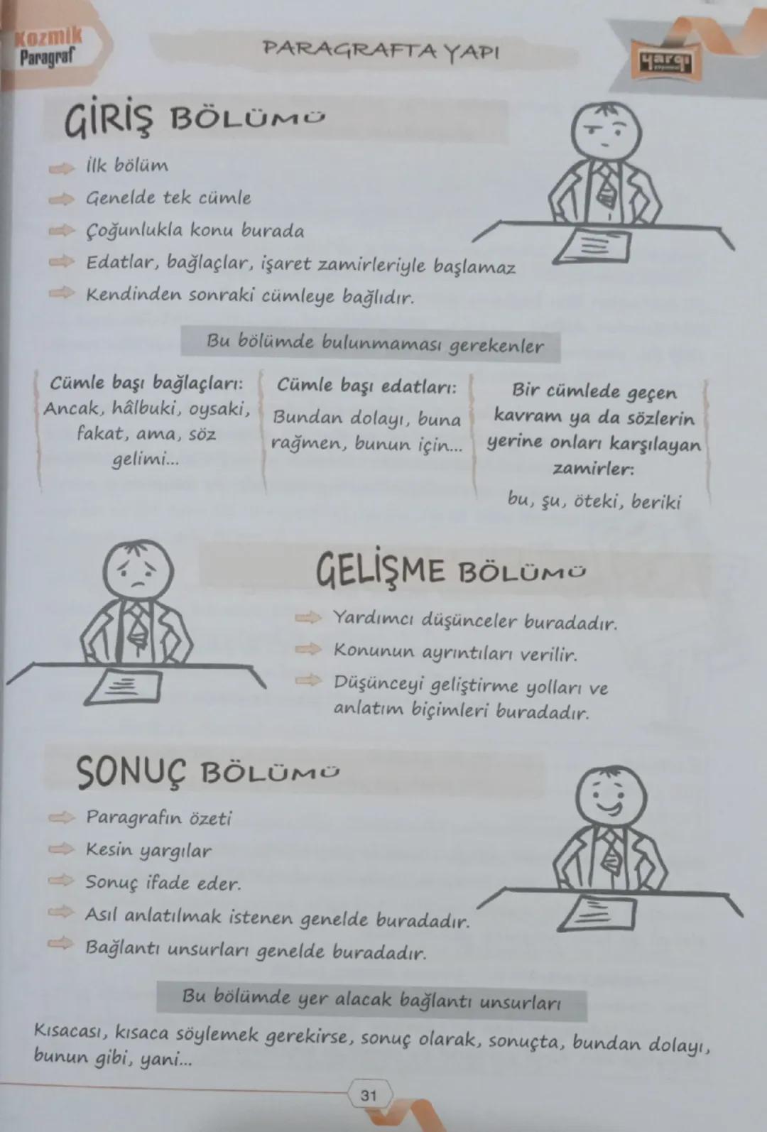 Kozmik
Paragraf
PARAGRAFTA YAPI
yarqi
GİRİŞ BÖLÜMÜ
ilk bölüm
Genelde tek cümle
Çoğunlukla konu burada
Edatlar, bağlaçlar, işaret zamirleriyl