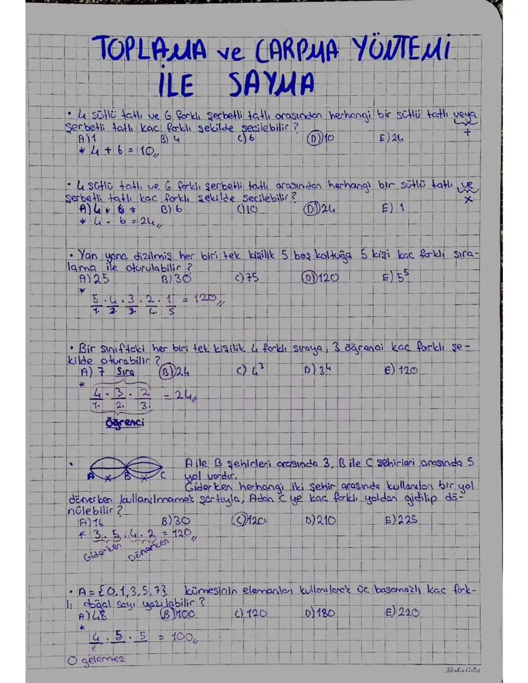 10. Sınıf Matematik: Toplama ve Çarpma Yoluyla Sayma Soruları ve Çözümleri