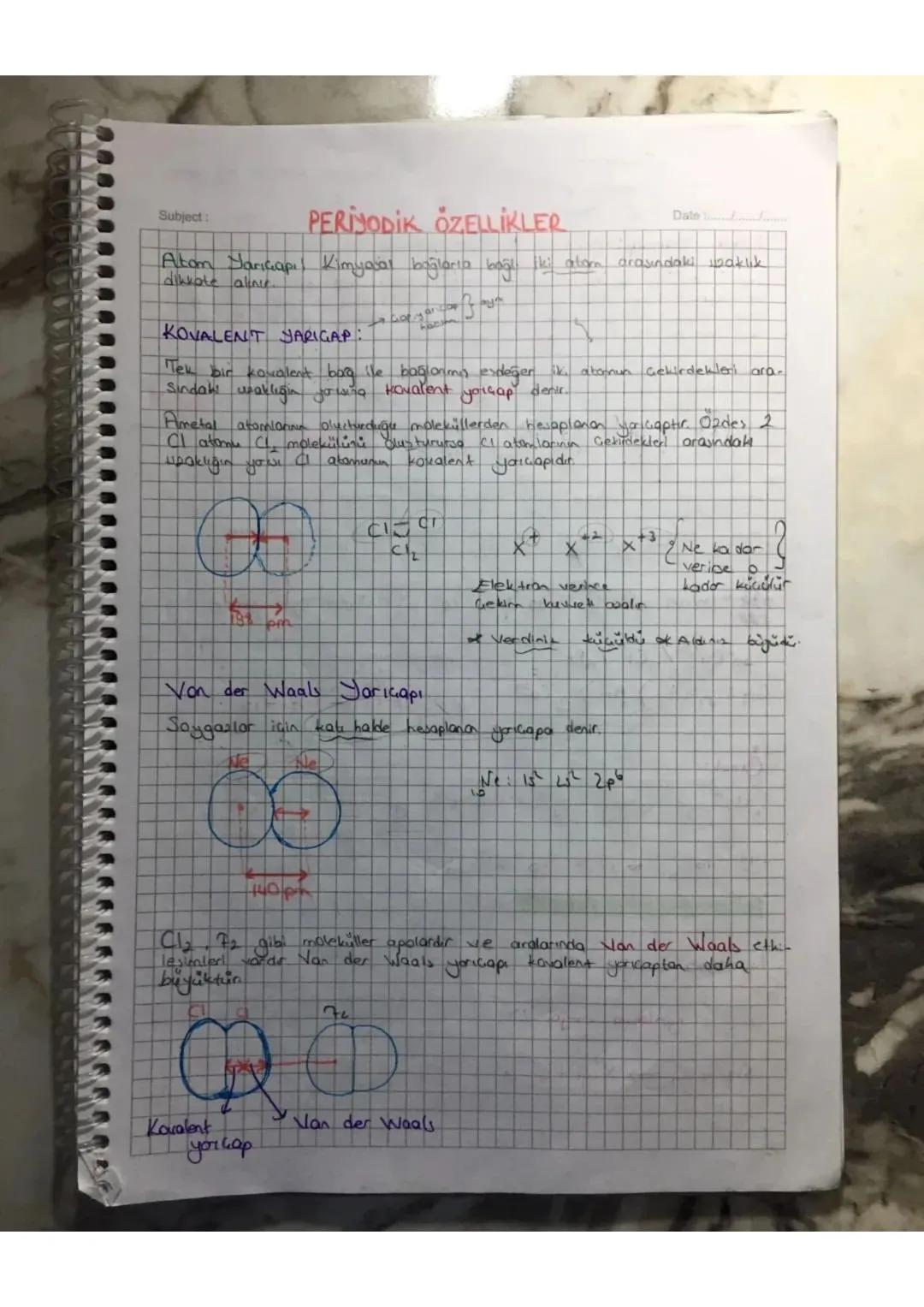 Subject:
PERIODIK ÖZELLİKLER
Date
Atom Jariciapı Kimyajar bağlarla bağlı iki atom arasındaki waklık
dikkate alinie.
KOVALENT JARIGAP:
But
Te