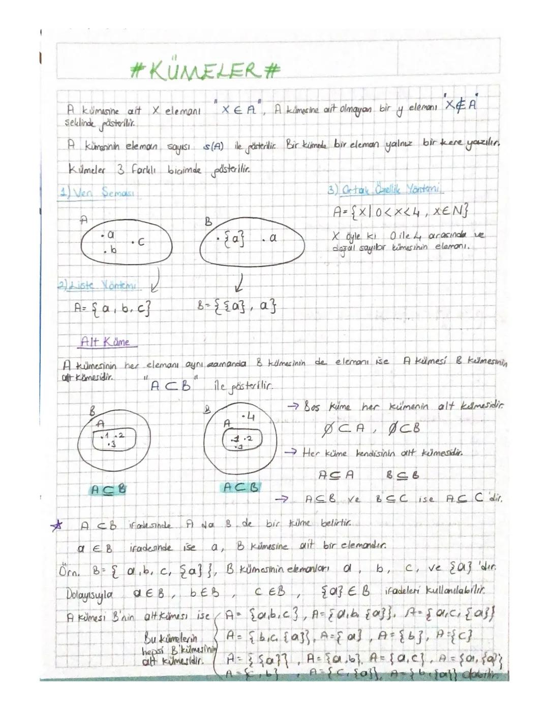 Küme Çeşitleri ve Alt Küme Tanımları