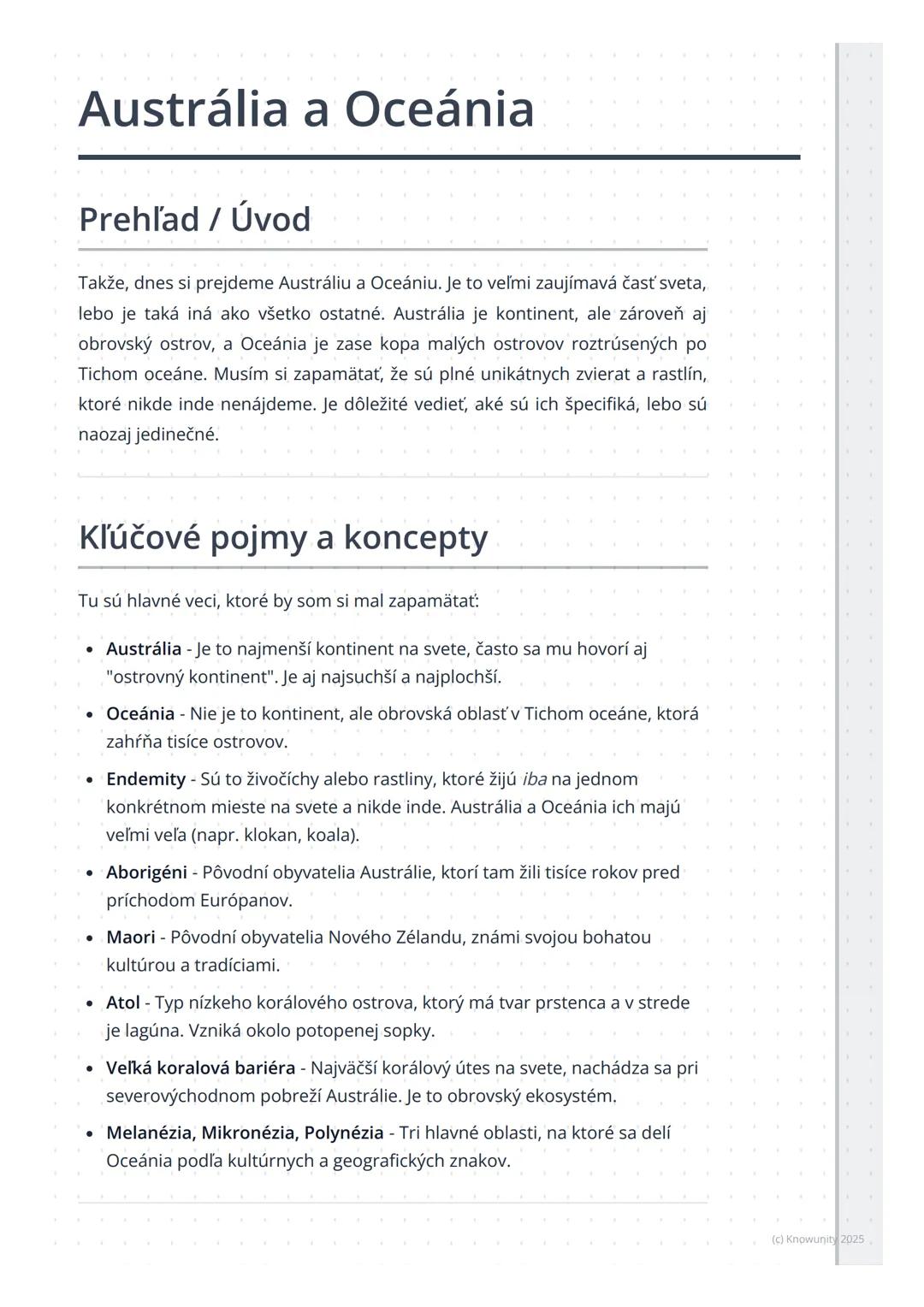 # Austrália a Oceánia

Prehľad / Úvod

Takže, dnes si prejdeme Austráliu a Oceániu. Je to veľmi zaujímavá časť sveta,
lebo je taká iná ako v