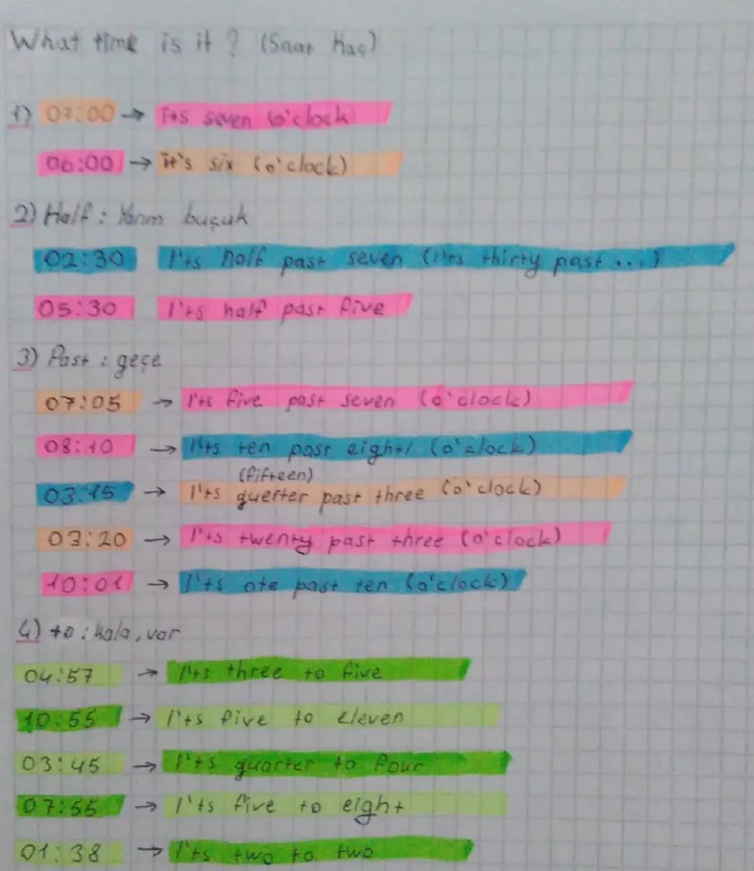 What time is it? (Saar Has)
07:00 Tas seven o'clock
06:00 it's six o'clock)
2) Half: Yanm buçuk
102:30 Its holf past seven (I's thirty past
