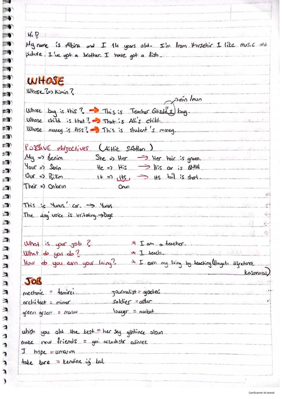 Hi!
My name is Albina and I 14 years old. I'm from Kirsehir I like music and
picture. I've got.
a brother. I have got.
a
fish
WHOSE
Whose =>