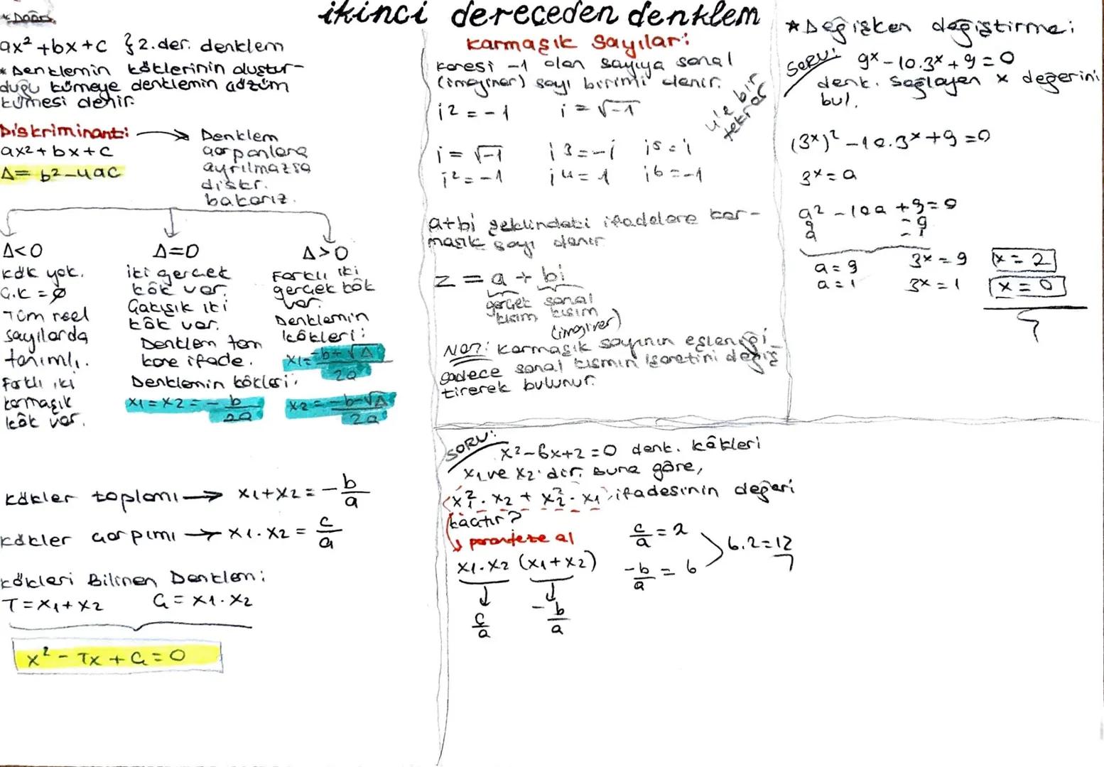 ax² +bx+c } 2. der. denklem
* Denklemin köklerinin dustur-
duğu kümeye denklemin adzüm
tumesi denir.
Diskriminant:
ax²+ bx+c
A= b2-4ac
Denkl