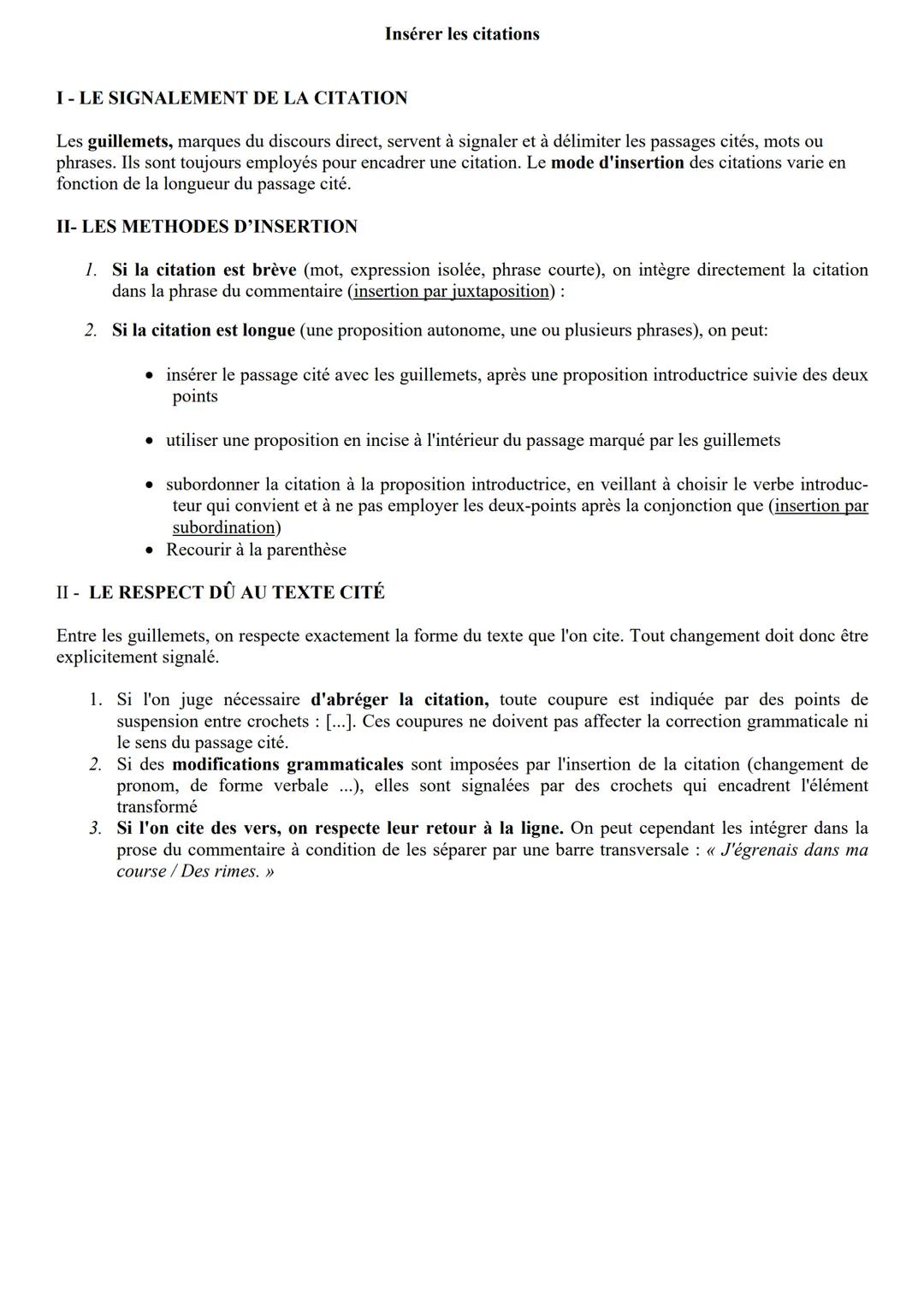 # Insérer les citations

I-LE SIGNALEMENT DE LA CITATION

Les guillemets, marques du discours direct, servent à signaler et à délimiter les 