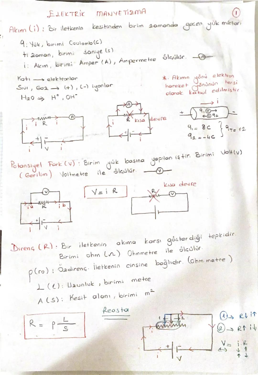 # ELEKTRIK
MANYETIZMA
①

Akım (i): Bir iletkenın kesitinden birim zamanda geçen yük miktarı

9: Yük, birimi Coulomb (C)
ti zaman, birimi san