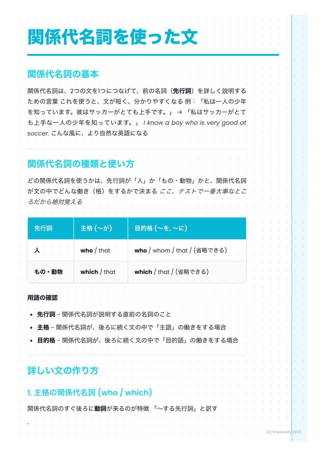 # 関係代名詞を使った文

関係代名詞の基本

関係代名詞は、2つの文を1つにつなげて、前の名詞 (先行詞)を詳しく説明する
ための言葉 これを使うと、文が短く、分かりやすくなる例: 「私は一人の少年
を知っています。彼はサッカーがとても上手です。」 → 「私はサッカーがとて
も