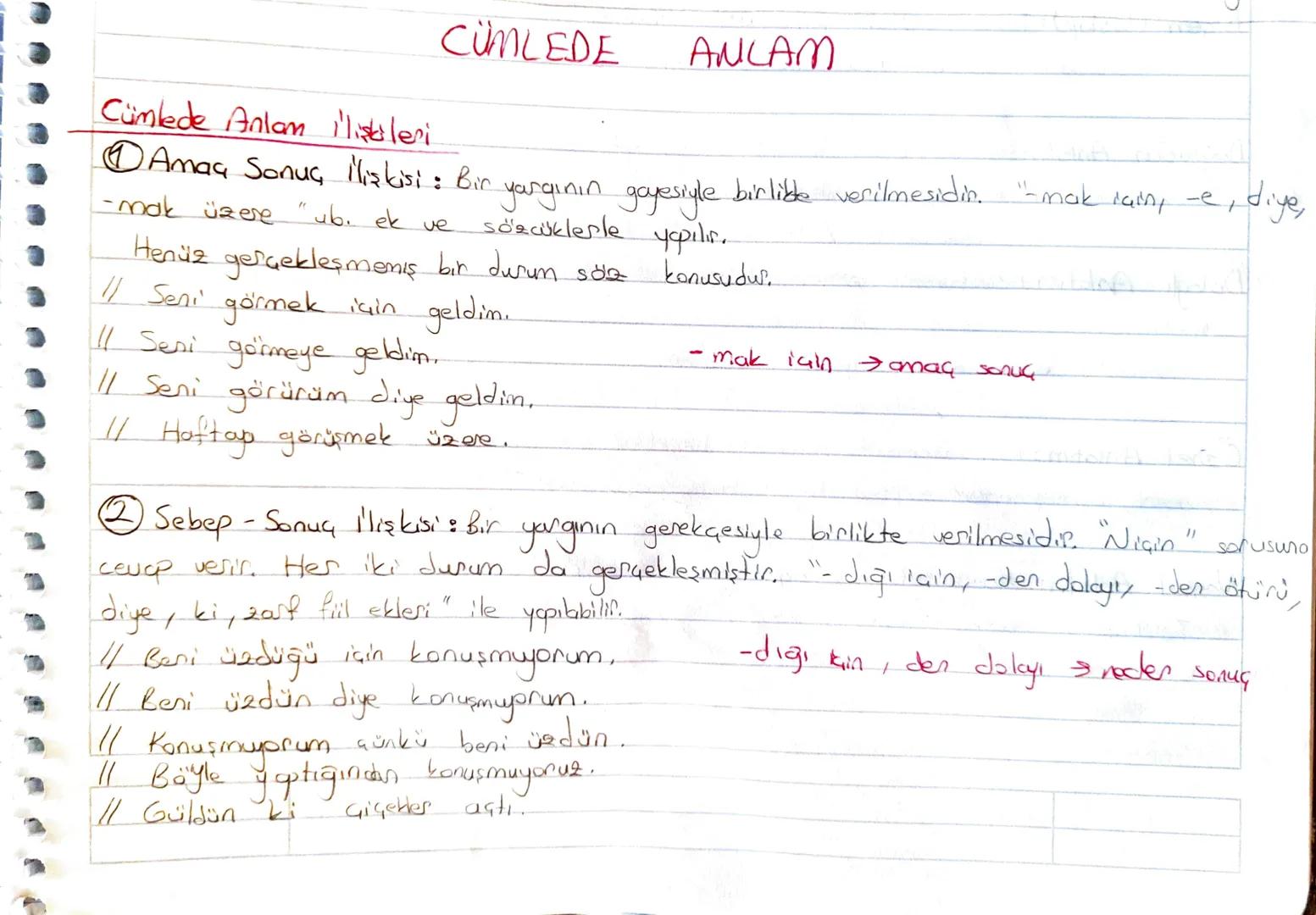 CÜMLEDE
ANLAM
Cümlede Anlam ilişkileri.
①Amaç Sonuç Mişkisi: Bir
-mak üzere "ub. ek ve
yargının gayesiyle birlikle verilmesidir. "-mak lain,