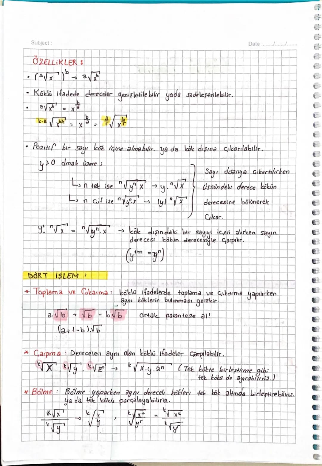 Subject:
Date :............
Köklü Sazılar
Tanım bir reel sayı ve
kók c
ms 1 olmak üzere x = y
X = √y
→ kök için del Say
n'inci dereceden kök