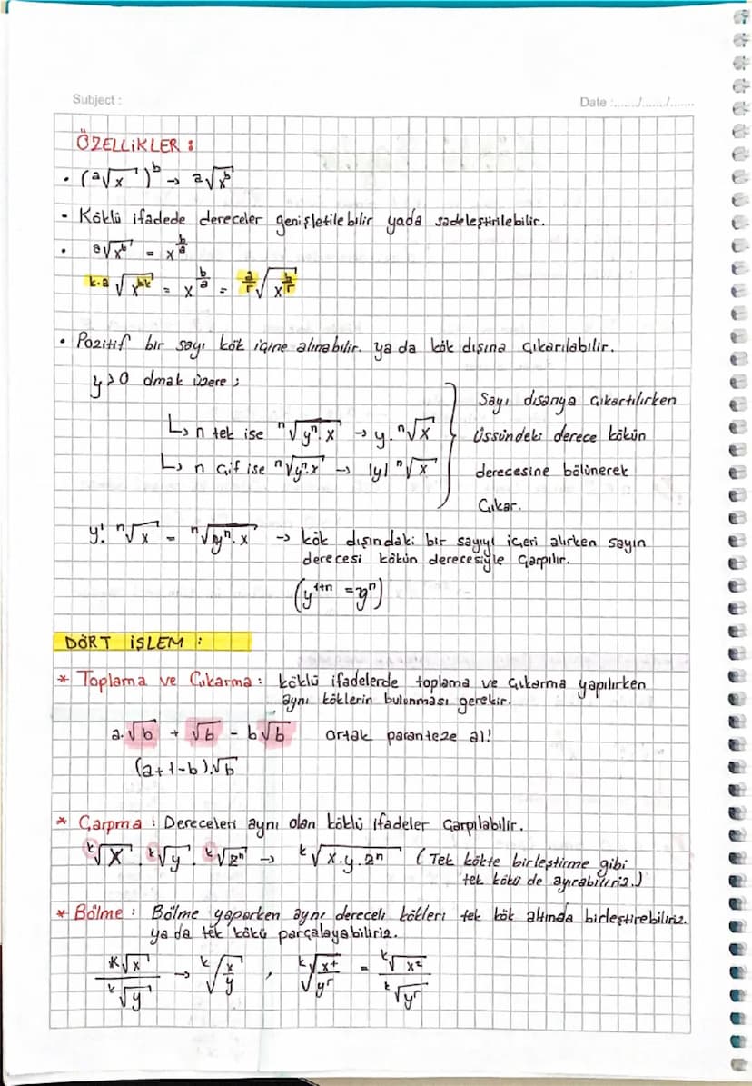 Subject:
Date :............
Köklü Sazılar
Tanım bir reel sayı ve
kók c
ms 1 olmak üzere x = y
X = √y
→ kök için del Say
n'inci dereceden kök