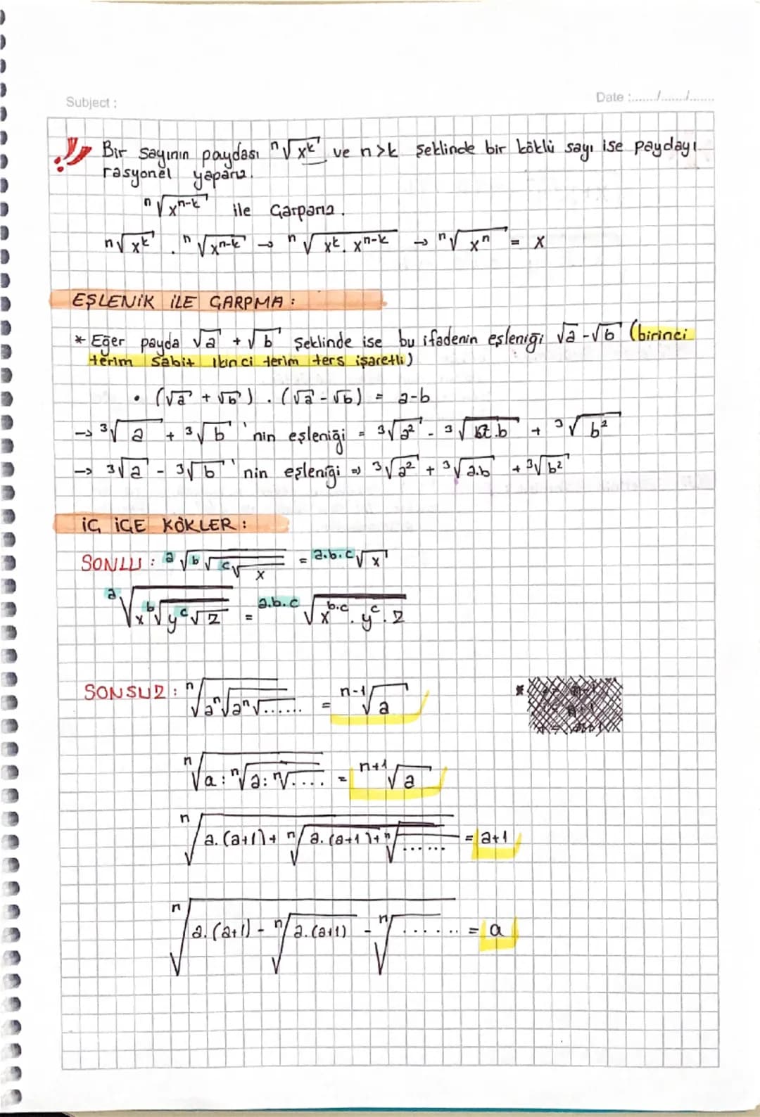 Subject:
Date :............
Köklü Sazılar
Tanım bir reel sayı ve
kók c
ms 1 olmak üzere x = y
X = √y
→ kök için del Say
n'inci dereceden kök