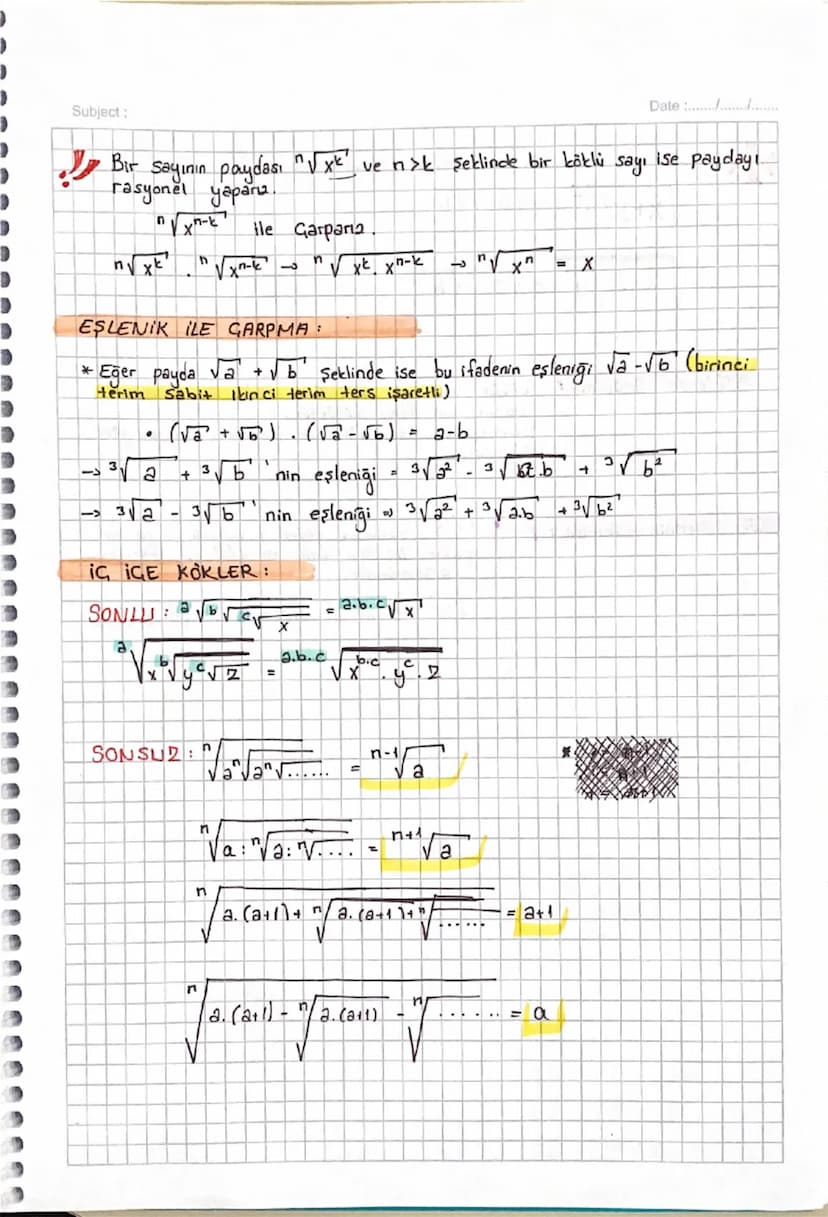 Subject:
Date :............
Köklü Sazılar
Tanım bir reel sayı ve
kók c
ms 1 olmak üzere x = y
X = √y
→ kök için del Say
n'inci dereceden kök