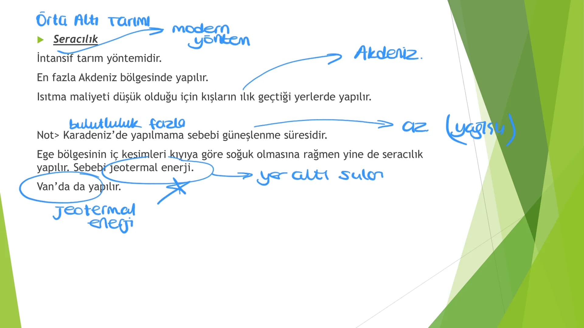 TÜRKİYE'DE TARIM Tarım Tipleri
▸ Ekstansif Tarım
eski tarım
geleneksel, kaba, eski tarım
İklim koşullarına bağlıdır ve verim düşüktür
Genell