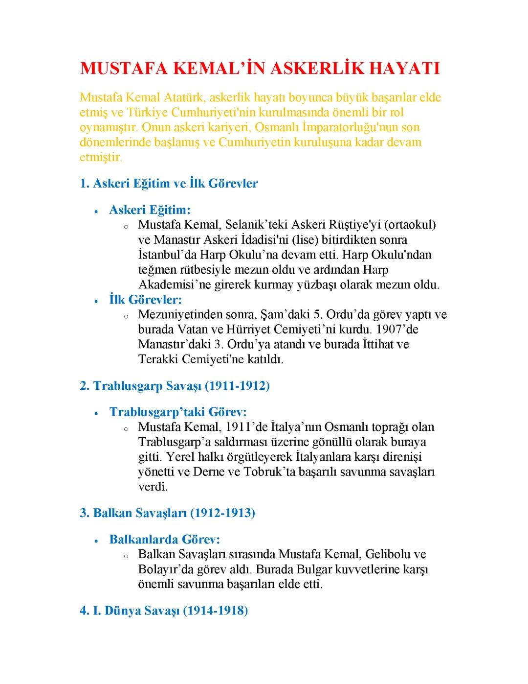 Mustafa Kemal’in Askerlik Hayatı