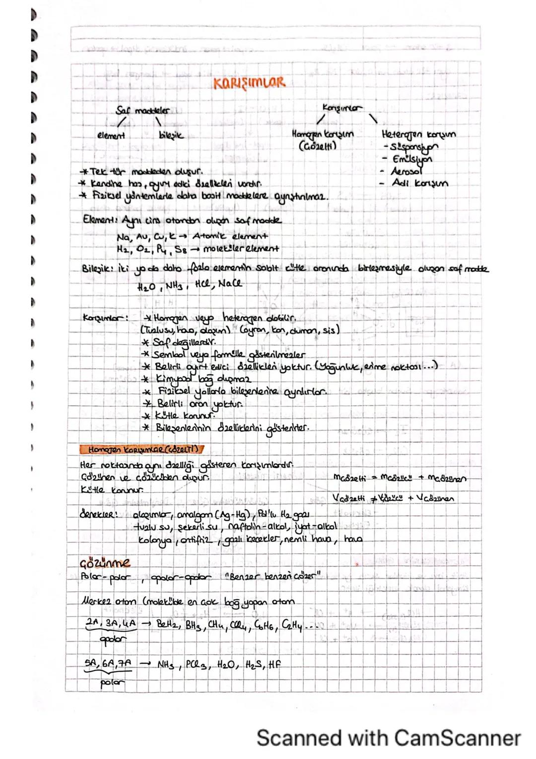 Saf maddeler
element
bileşik
KARIŞIMLAR
Konsşimler
Hamojen karşım
(Gözelti)
Heterojen korışım
-Suspansiyon
*Tek tür maddeden oluşur.
* Kendi