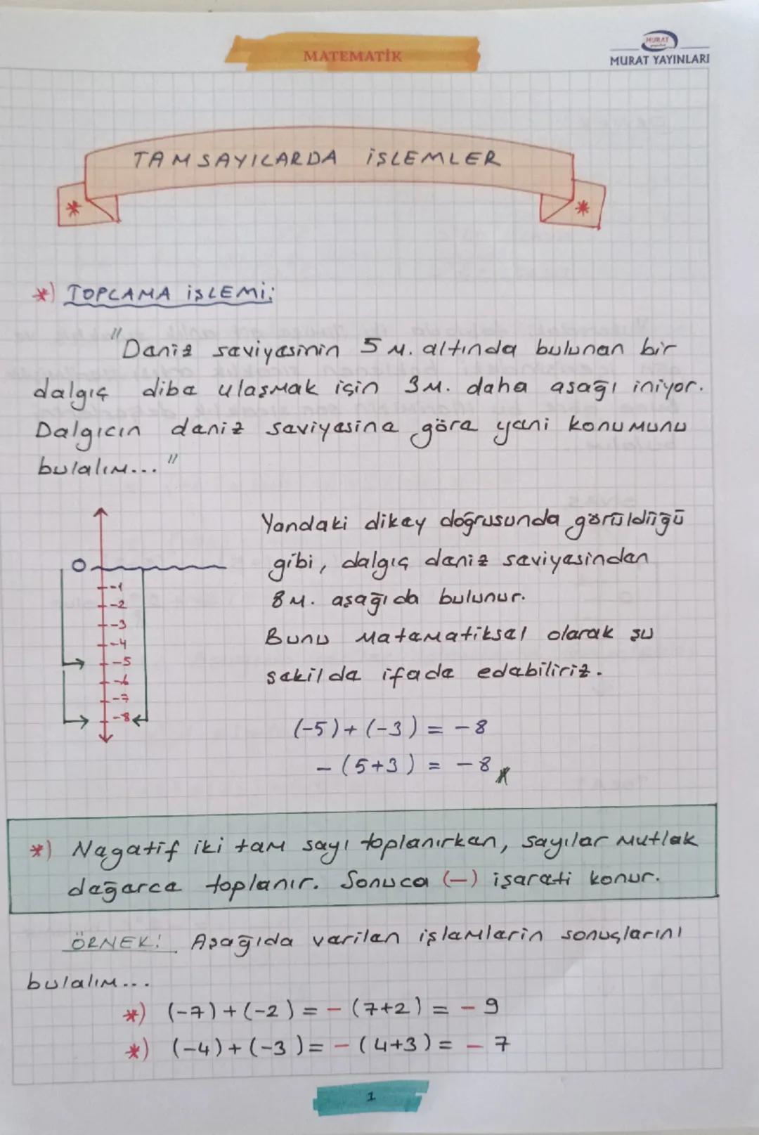 MATEMATİK
TAMSAYILARDA ISLEMLER
MURAT
MURAT YAYINLARI
*TOPLAMA ISLEMI
"
Danis saviyasinin 5 M. altında bulunan bir
dalgıç diba ulaşmak için 
