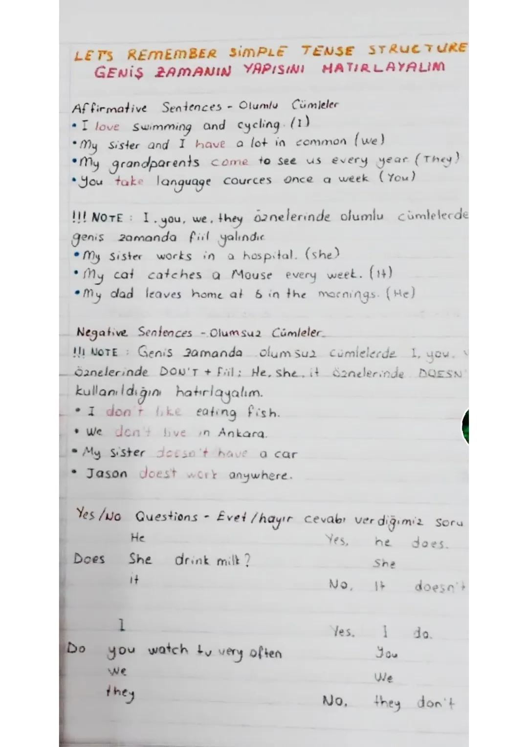 LET'S REMEMBER SIMPLE TENSE STRUCTURE
GENIS ZAMANIN YAPISINI
HATIRLAYALIM
Affirmative Sentences - Olumlu Cümleler
• I love swimming and cycl