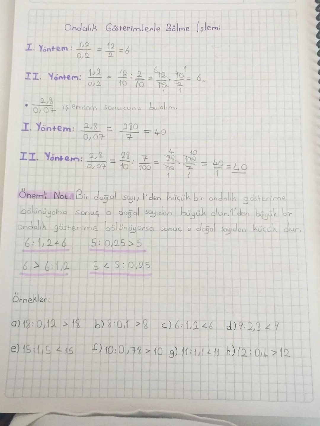# Ondalık Gösterimlerle Bölme İşlemi

I. Yöntem: $\frac{1,2}{0,2} = \frac{12}{2} = 6$

II. Yöntem: $\frac{1,2}{0,2} = \frac{12}{10} : \frac{