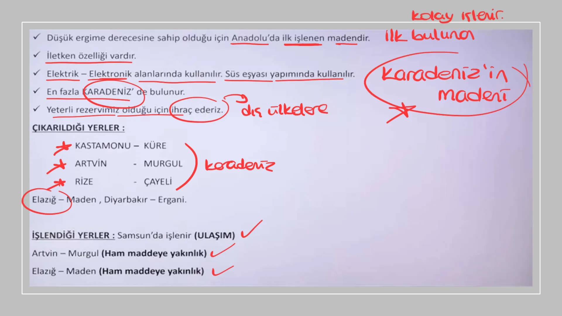 TÜRKİYE'DE MADEN,
ENERJİ KAYNAKLARI,
SANAYİ VE TİCARET Rezerv Madenin bulunduğu alan.
Tenör İşlenebilir maden
demir (hon)
Cevher(tuvenan): M