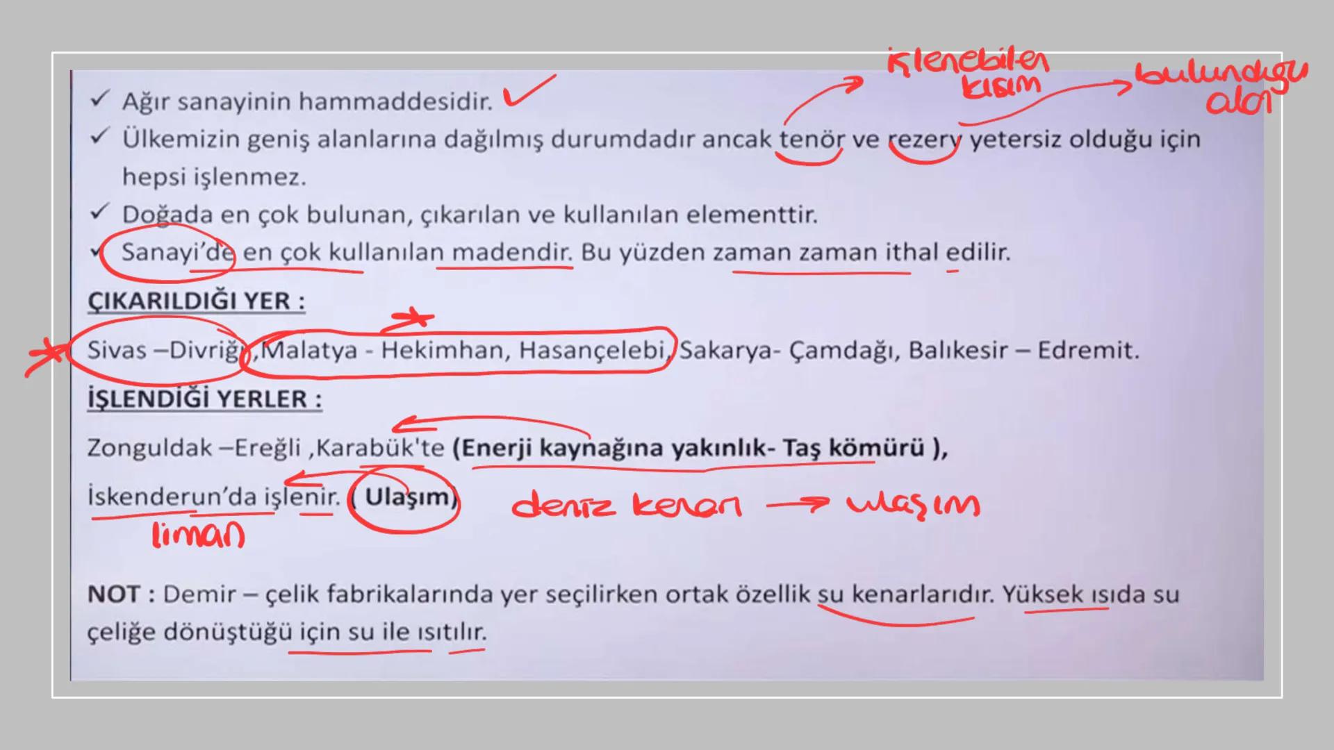 TÜRKİYE'DE MADEN,
ENERJİ KAYNAKLARI,
SANAYİ VE TİCARET Rezerv Madenin bulunduğu alan.
Tenör İşlenebilir maden
demir (hon)
Cevher(tuvenan): M