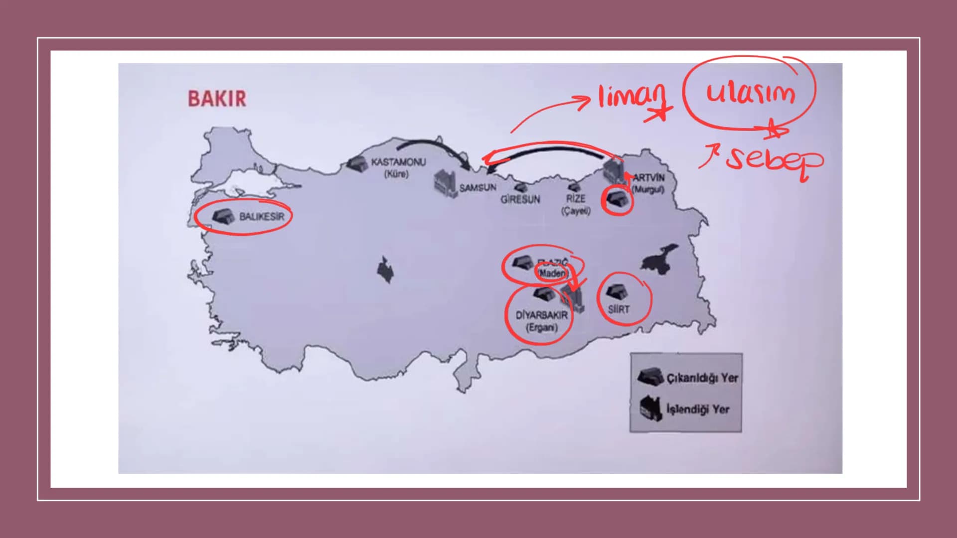 TÜRKİYE'DE MADEN,
ENERJİ KAYNAKLARI,
SANAYİ VE TİCARET Rezerv Madenin bulunduğu alan.
Tenör İşlenebilir maden
demir (hon)
Cevher(tuvenan): M