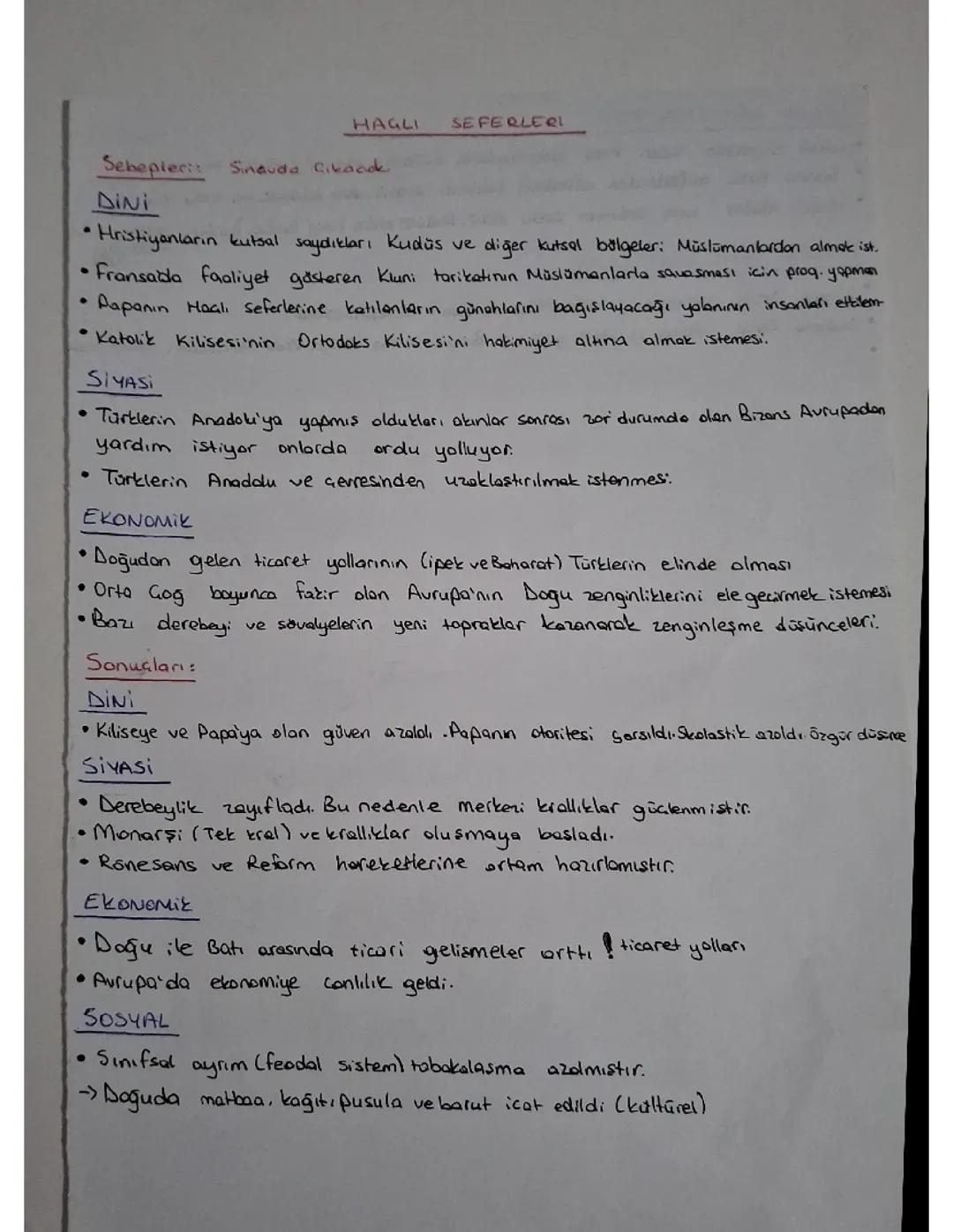 10 sınıf tarih Haçlı Seferleri sebepleri ve sonuçları konu anlatım notu 1 dönem 1 yazılı