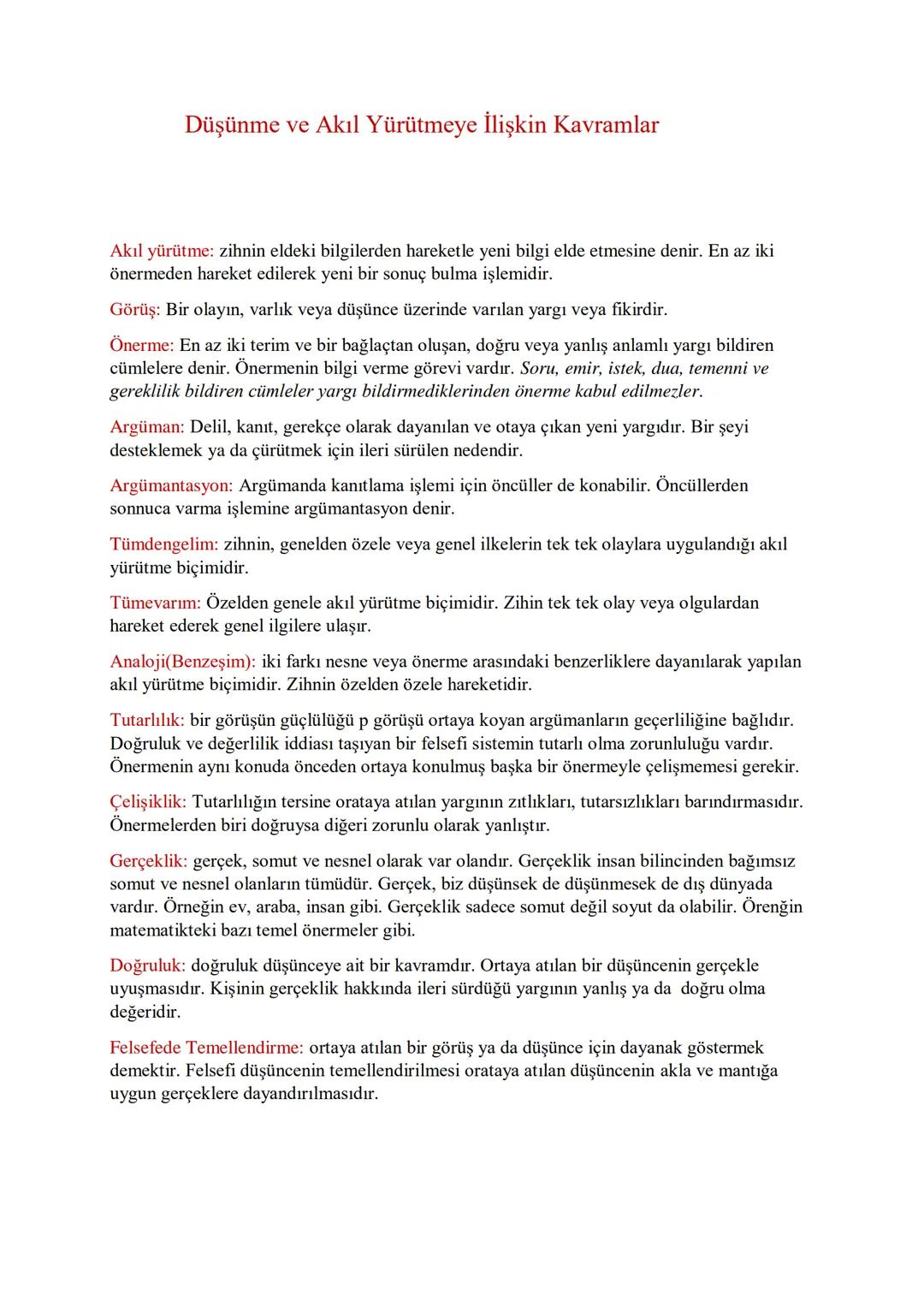 Felsefede Düşünme ve Akıl Yürütmeye İlişkin Kavramlar