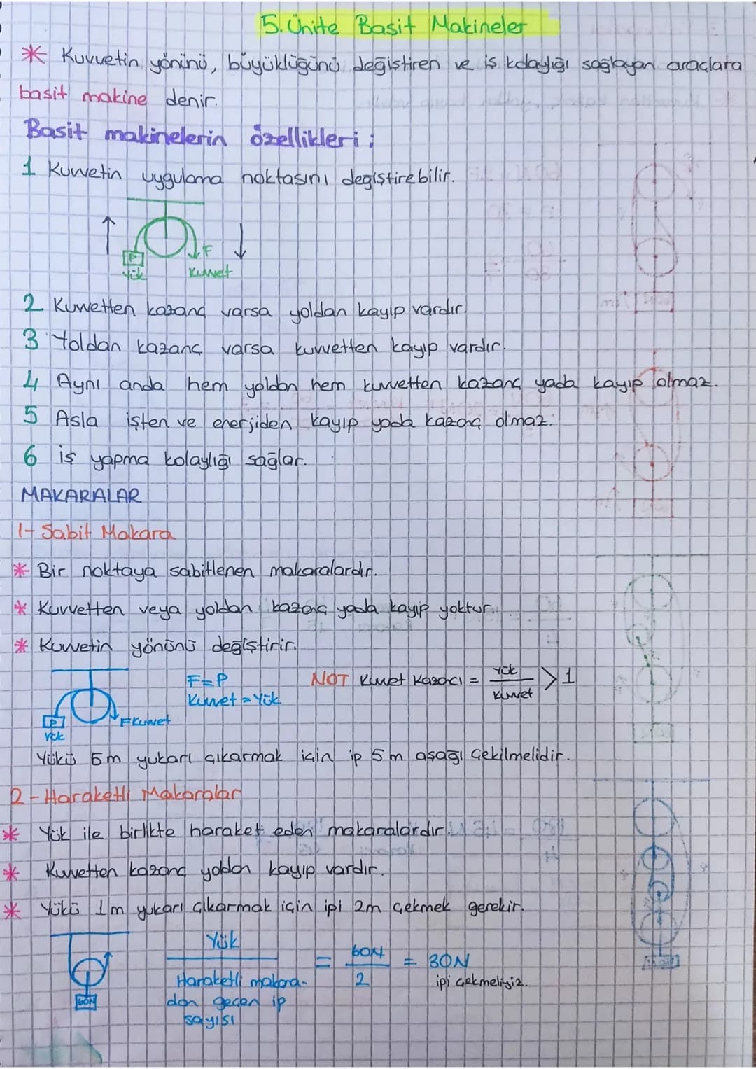 5. Unite Basit Makineler
•* Kuvvetin yönünü, büyüklüğünü değiştiren ve iş kolaylığı sağlayan araçlara
basit makine denir.
Basit makinelerin 