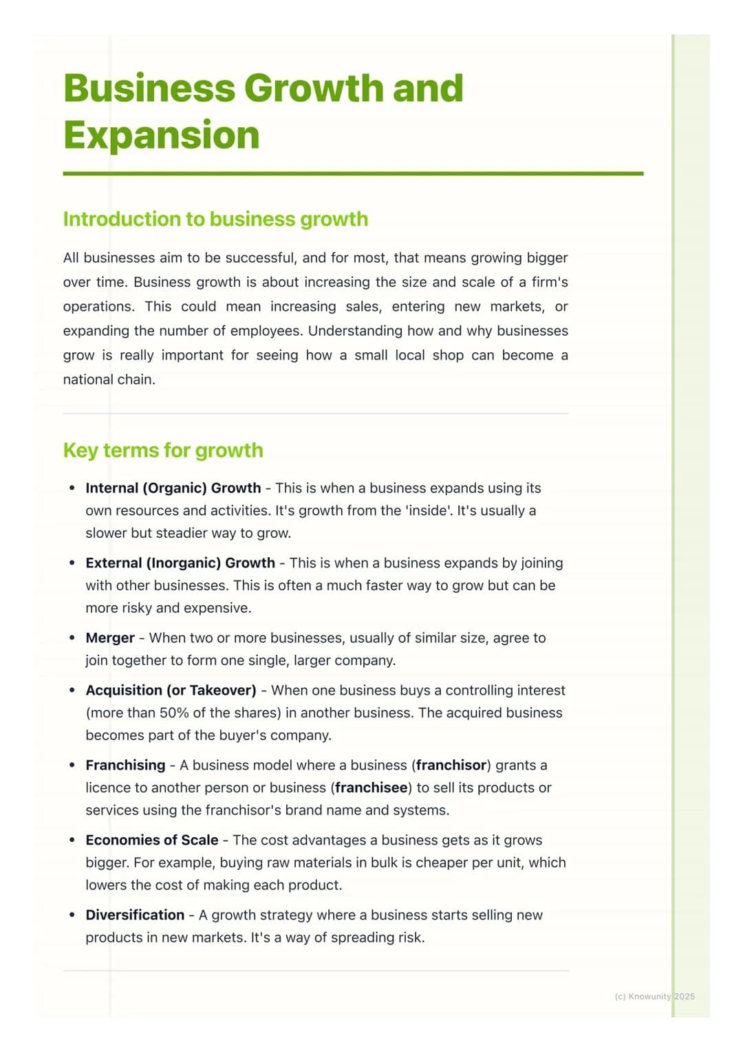 # Business Growth and
Expansion

Introduction to business growth

All businesses aim to be successful, and for most, that means growing bigg