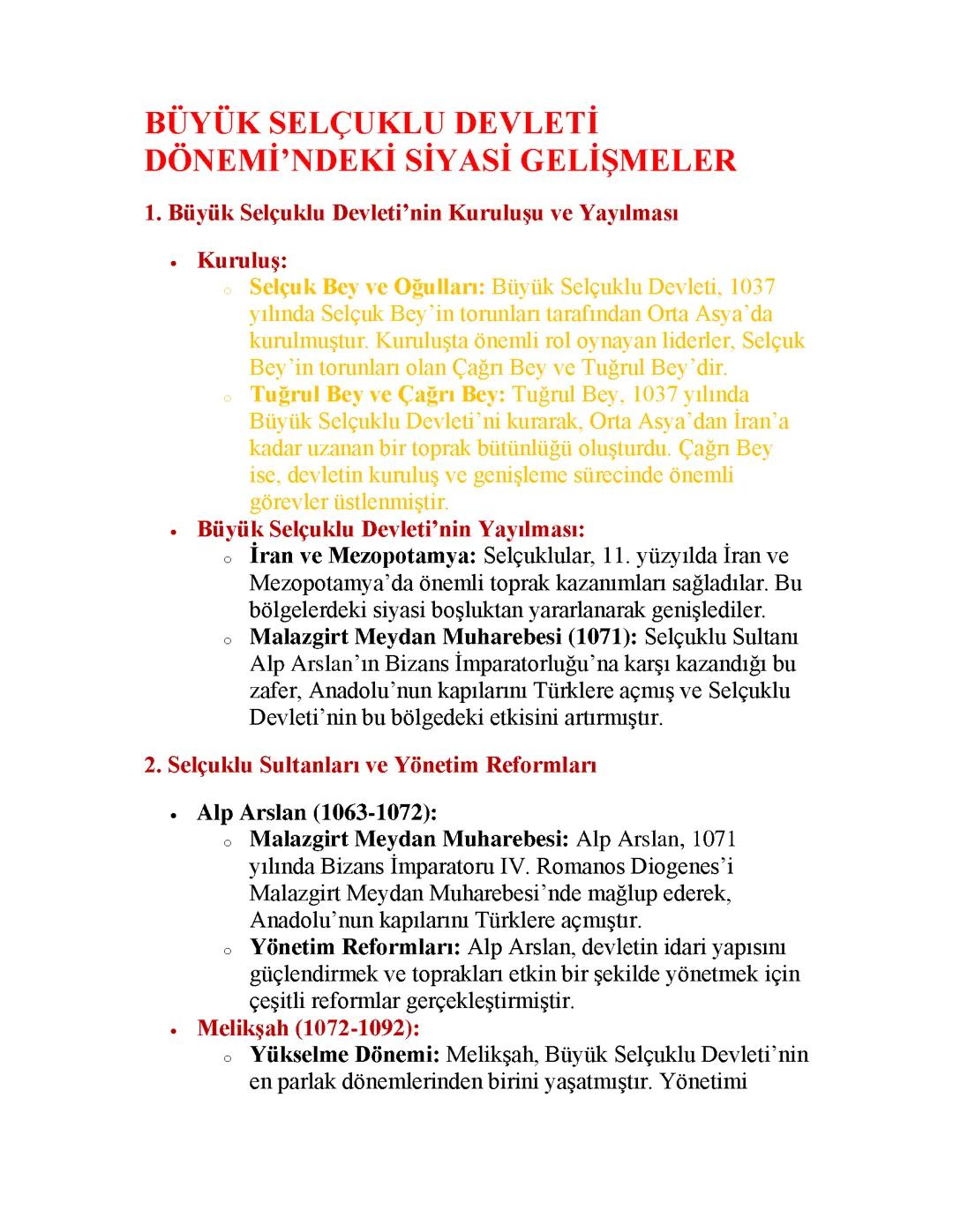 Büyük Selçuklu Devleti Dönemi'nde Önemli Siyasi Gelişmeler