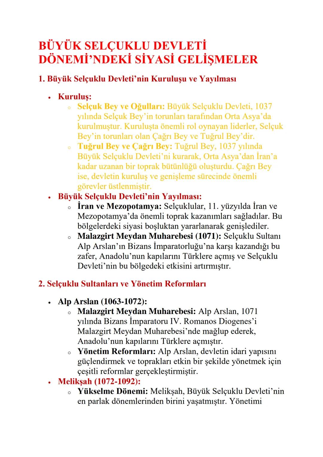 BÜYÜK SELÇUKLU DEVLETİ
DÖNEMİ'NDEKİ SİYASİ GELİŞMELER
1. Büyük Selçuklu Devleti'nin Kuruluşu ve Yayılması
•
.
Kuruluş:
о
о
Selçuk Bey ve Oğu