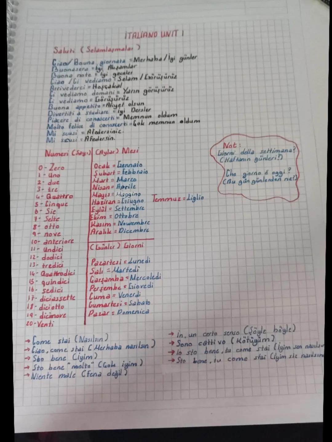 ITALIANO UNITI
Salut (Selamlaşmalar)
Gian/Bouna giornata Merhaba/iyi günler
Buonasera y Alamlar
Buona note lyi geceler
Ciao /Gi vediamo Sela