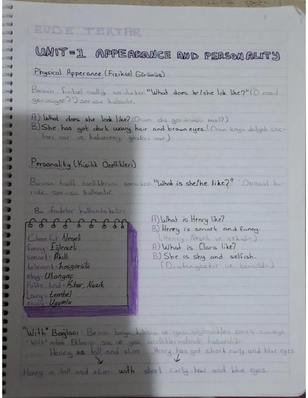 7. Sınıf İngilizce 1. Ünite: Appearance and Personality Ders Notları