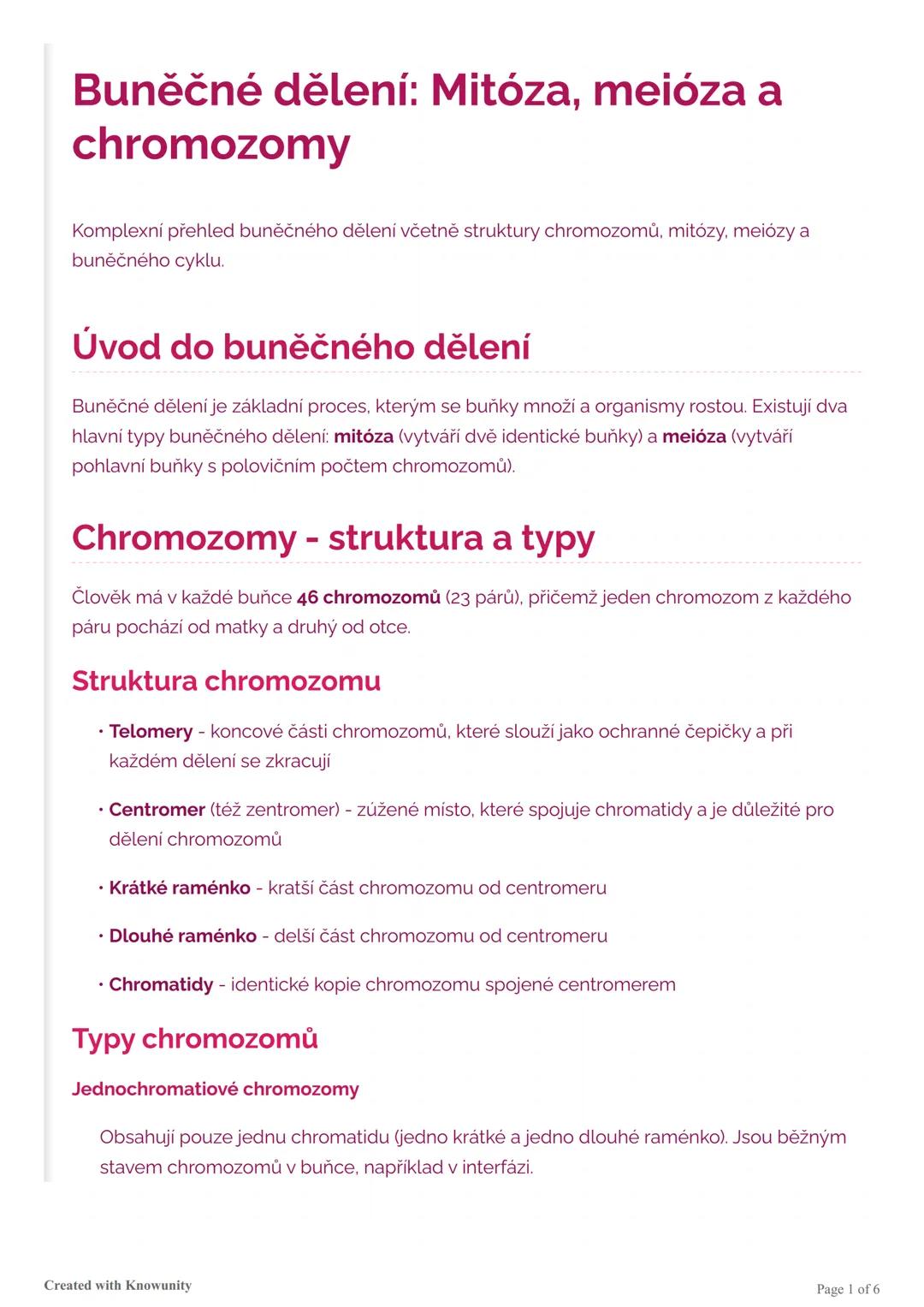 Buněčné dělení: Mitóza, meióza a
chromozomy
Komplexní přehled buněčného dělení včetně struktury chromozomů, mitózy, meiózy a
buněčného cyklu