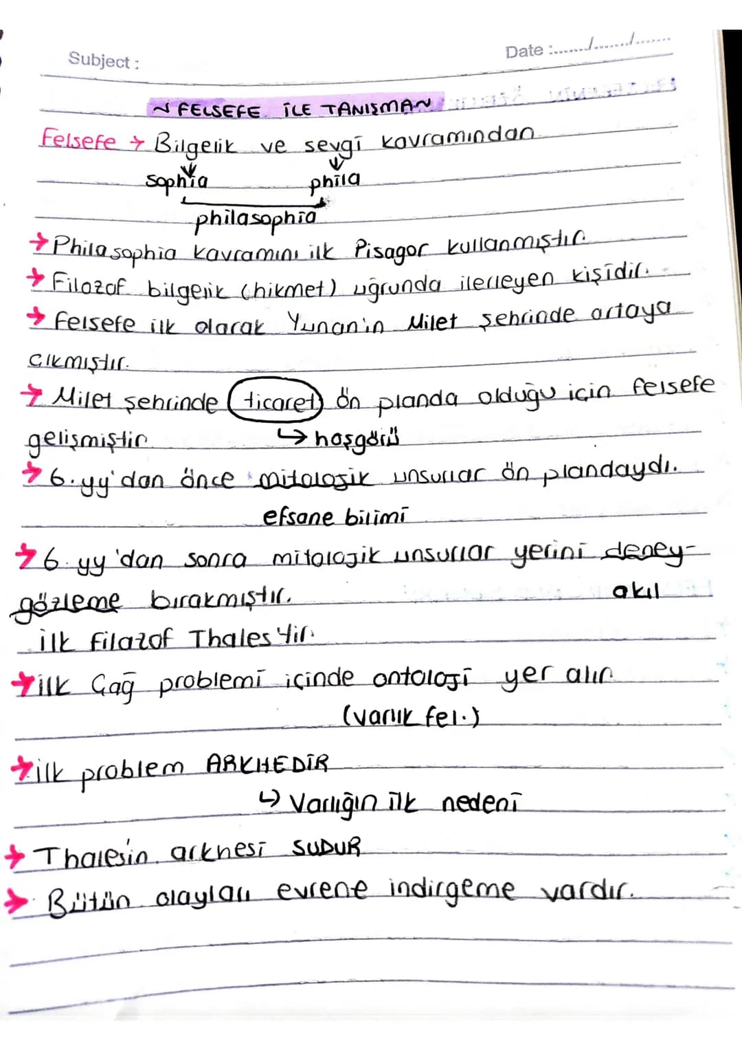 Subject:
Date :..........
FELSEFE İLE TANIŞMAN Z
Felsefe & Bilgelik ve sevgi kavramından
Sophia
philosophia
phila
Philosophia kavramını ilk 