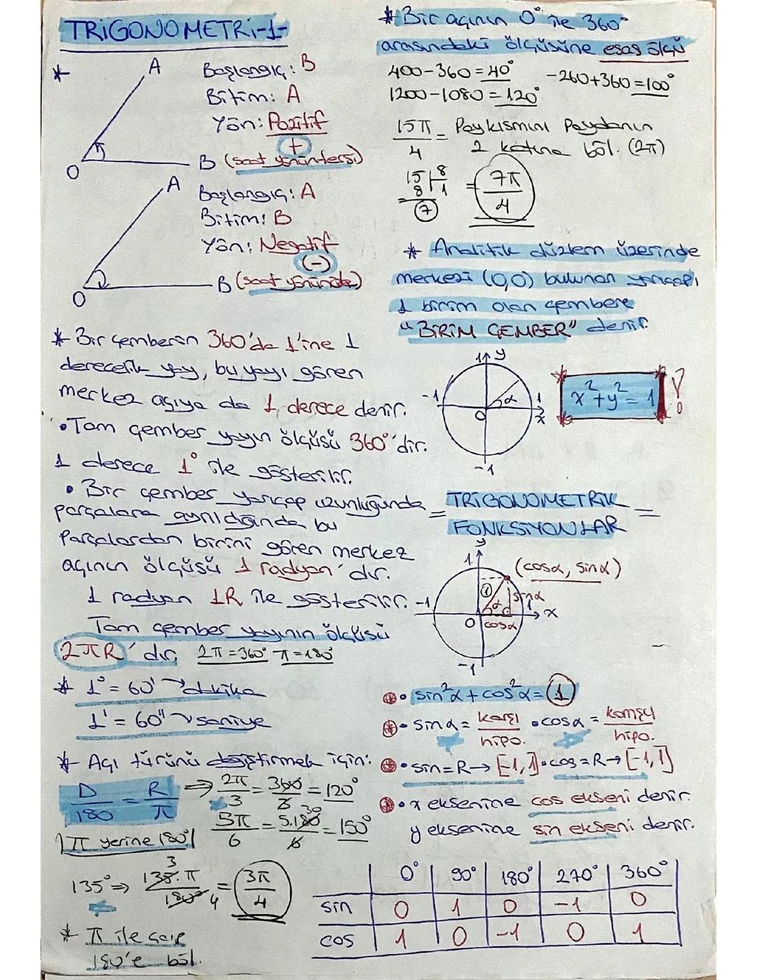 11. Sınıf Trigonometrik Fonksiyonlar Konu Anlatımı PDF - Sinüs, Kosinüs, Tanjant ve Daha Fazlası