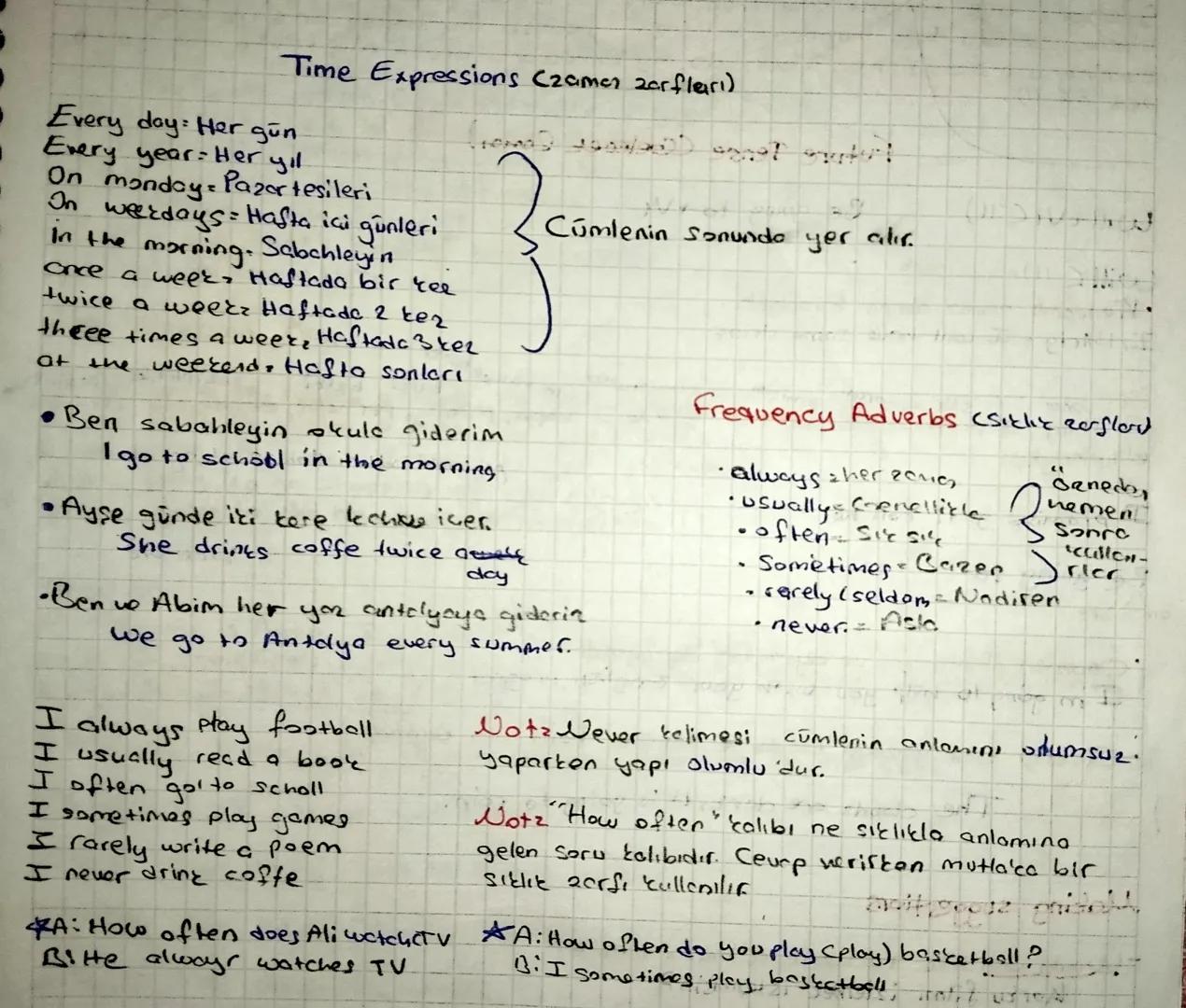 Time Expressions (zamer zarfları)
• Every day: Her gün
Every year. Her yıl
Pazartesileri
On monday
In weekdays = Hafta içi günleri
In the mo