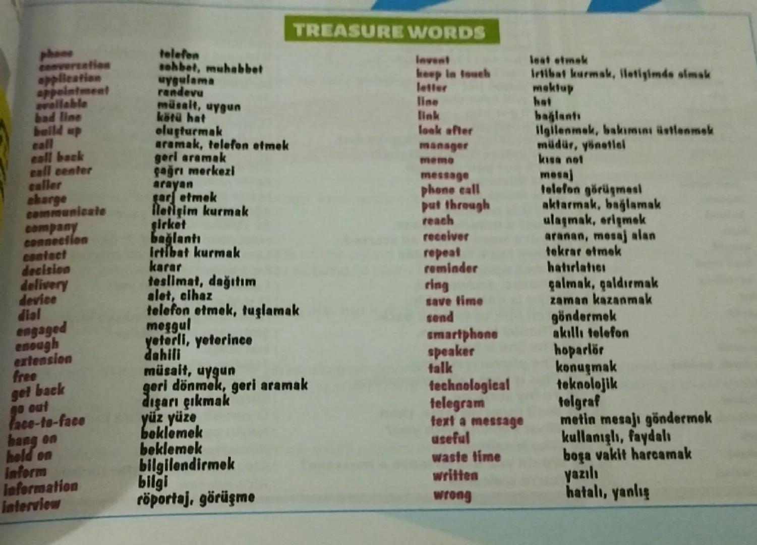 TREASURE WORDS
Invent
keep in touch
letter
line
look after
aramak, telefon etmek
link
phone
conversation
application
appointment
available
b