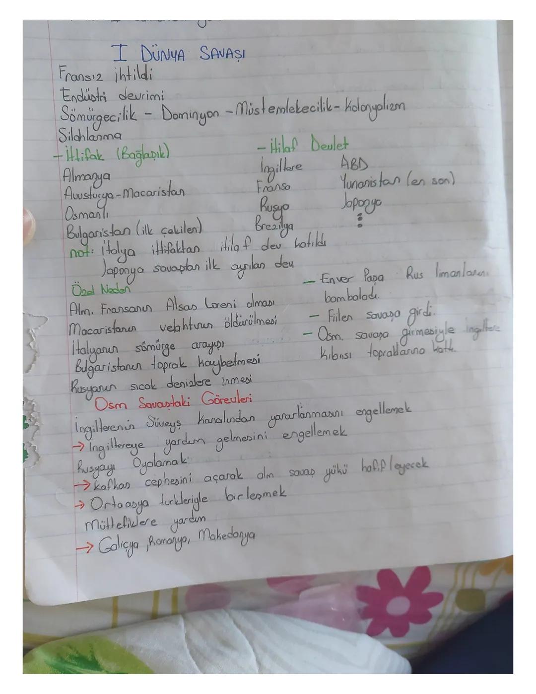 Tarih 1. Dünya Savaşı ve taarruz,savunma ve yardım cepheleri vardır