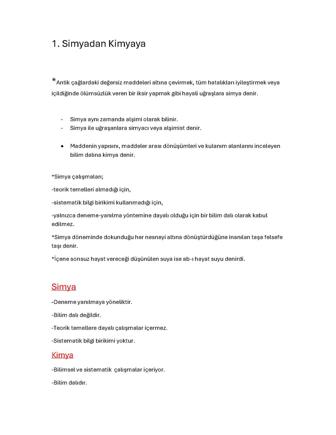 Simyadan Kimyaya konu özeti yazısı