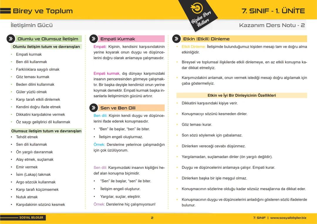 Sosyal Bilgiler 1.Ünite Kısa Bir Özet