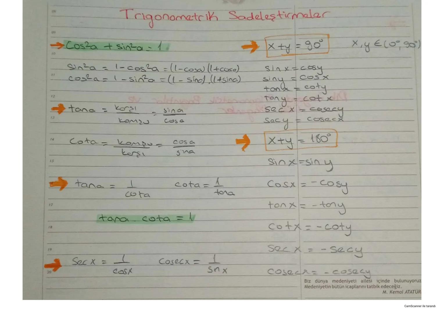 09
09
# Trigonometrik Sadeleştirmeler

→Cosza + sinza = 1
10

Sinza = 1-cos²a = (l-cosa) (Itcoso)
11
costa = 1-sinta = (1 - sino), (1+sina)
