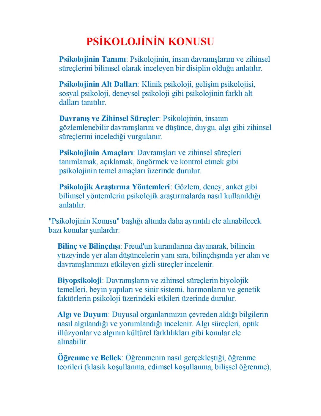 Psikolojinin Konusu ve Temel İlkeleri