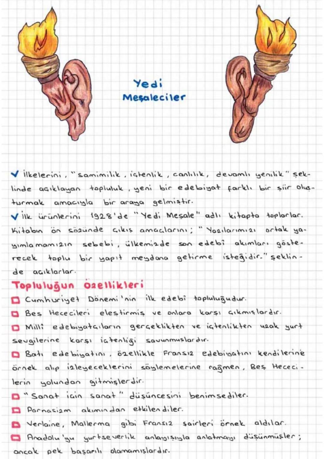 Yedi
Meşaleciler

✓ ilkelerini, "samimilik, içtenlik, canlılık, devamlı yenilik" şek-
linde açıklayan topluluk, yeni bir edebiyat farklı bir