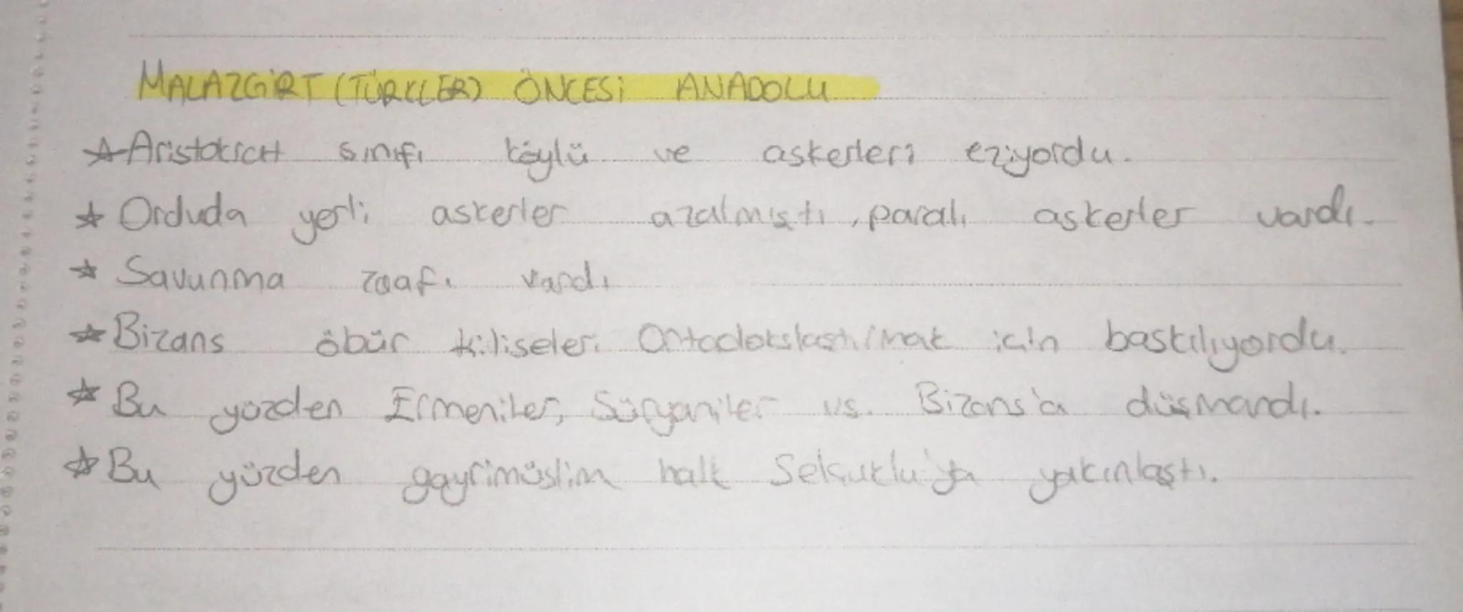 MALAZGİRT (TÜRKLER) ONCES;
*Aristokich sinfi
*Orduda
* Savunma
☆ Bizans
yerli
ANADOLU
köylü ve
askerleri eziyordu.
askerler varde.
askerler 